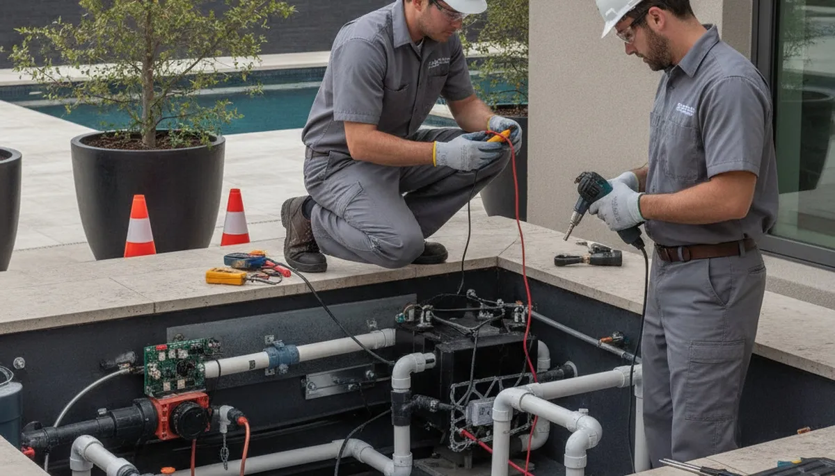 Bloomington, IN spa repair technician servicing a home spa for plumbing maintenance